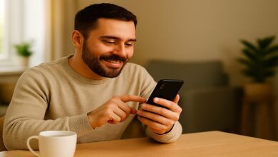 Homem sorridente usando smartphone interagindo com assistente financeiro em ambiente aconchegante com mesa de madeira e caneca branca