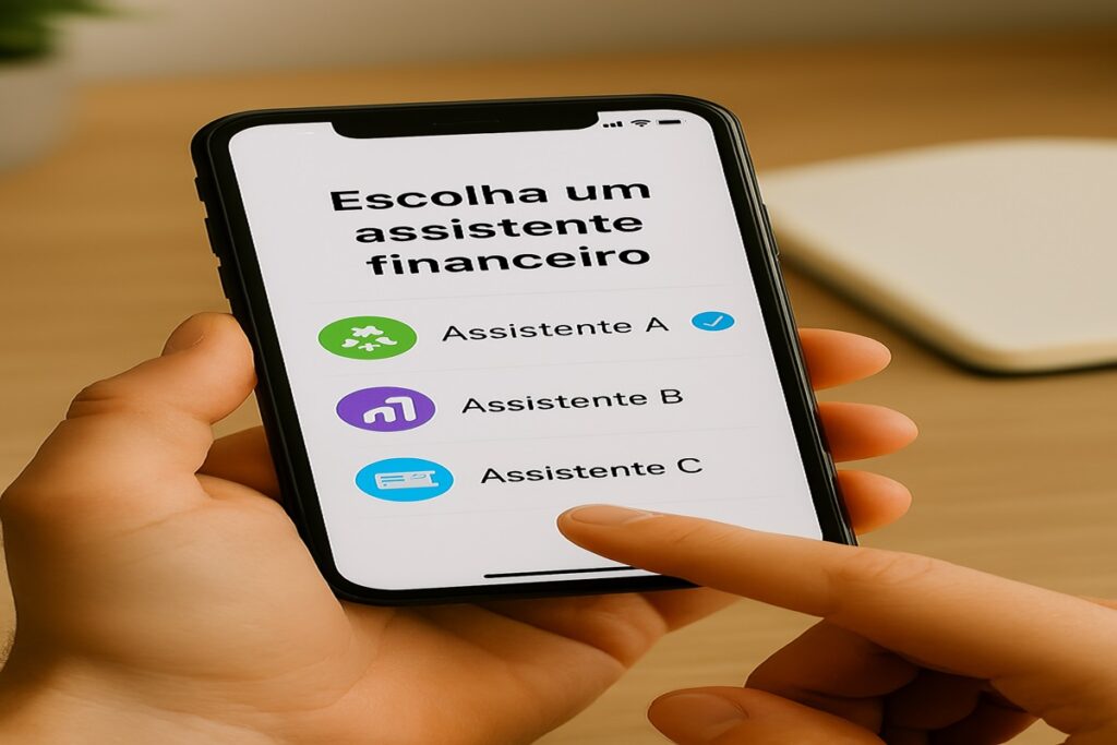 Pessoa interagindo com aplicativo de finanças no celular, escolhendo entre assistente financeiro com ícones coloridos